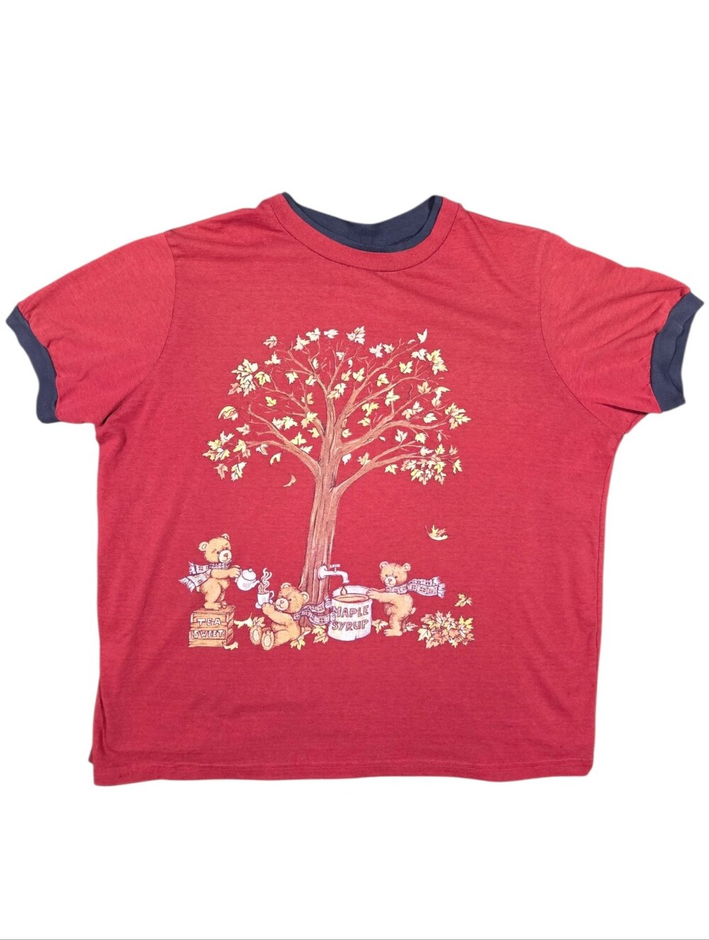 Vintage Teddy Bear Nature T-Shirt Adult 2XL Double Collar Ringer Red Grannycore
